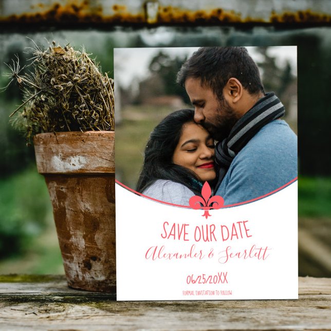 Faire-part Fleur de Lis Corail Photo Enregistrer la Date (Coral Fleur de Lis Photo Save the Date)