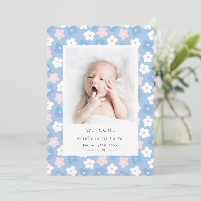 Faire-part Fleur marguerite bleue Pastel | Naissance simple m (Debout devant)