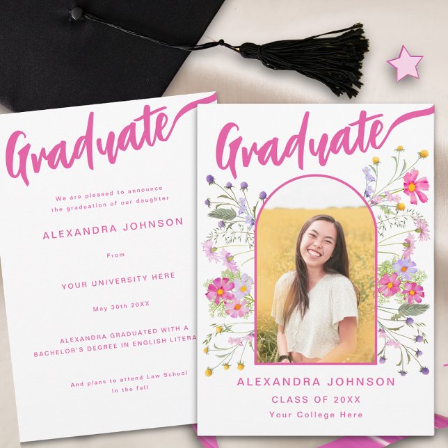 Faire-part Fleur sauvage - Arche photo Pink Script (Wildflower boho arch graduate photo hot pink script Graduation announcement card watercolor florals)