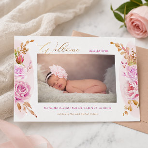 Faire-part Fleurs aquarelles roses roses bébé fille photo nai
