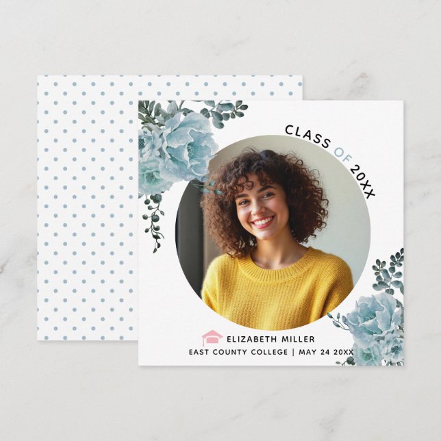 Faire-part Fleurs bleues poussiéreuses Classe de photo de gra (Devant / Derrière)