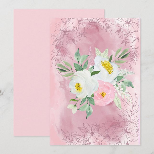 Faire-part Fleurs d'aquarelle blanche et rose pâle (Devant / Derrière)