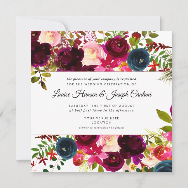 Faire-part Fleurs d'aquarelle Blush, Bourgogne+Marine (Devant)