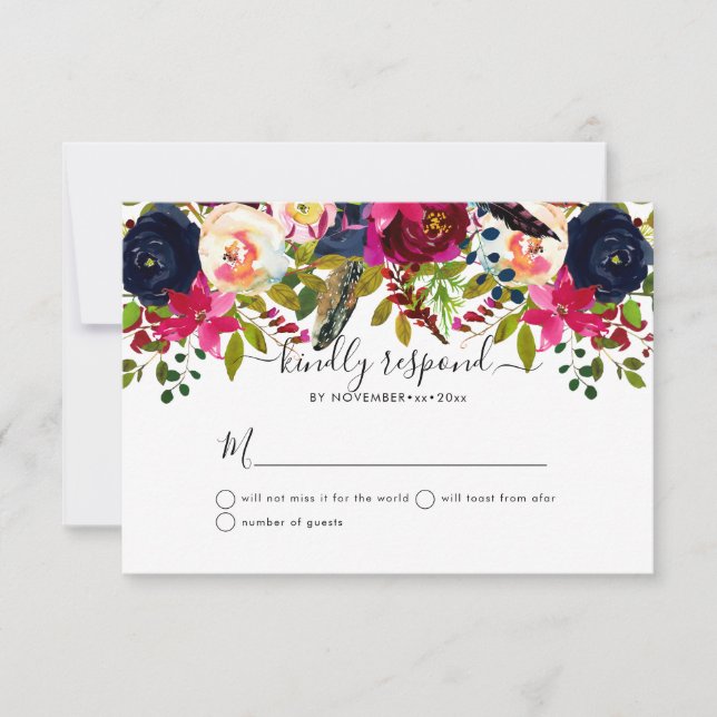 Faire-part Fleurs d'aquarelle Blush, Bourgogne+Marine (Devant)