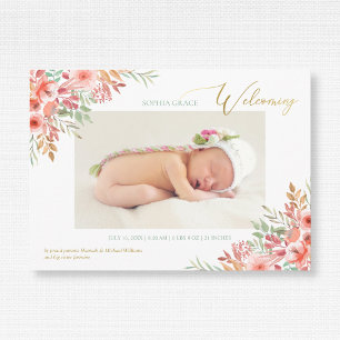 Faire-part Fleurs d'aquarelle rose bébé fille photo naissance
