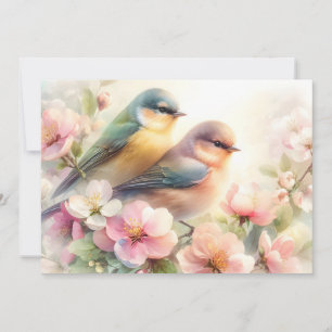 Faire-part Fleurs de cerisier pastel doux oiseaux d'amour