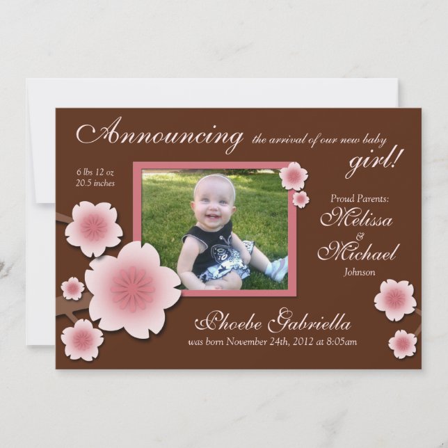 Faire-part Fleurs de cerisiers roses et annonces de naissance (Devant)