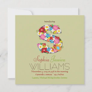 Faire-part Fleurs de printemps Monogramme Bébé Fille Photo Na