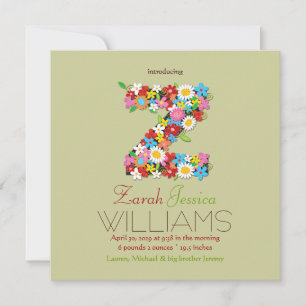 Faire-part Fleurs de printemps Monogramme Bébé Fille Photo Na
