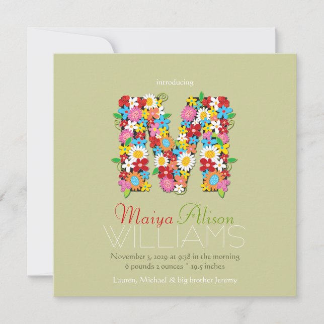 Faire-part Fleurs de printemps Monogramme Bébé Fille Photo Na (Devant)