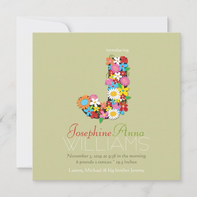 Faire-part Fleurs de printemps Monogramme Bébé Fille Photo Na (Devant)