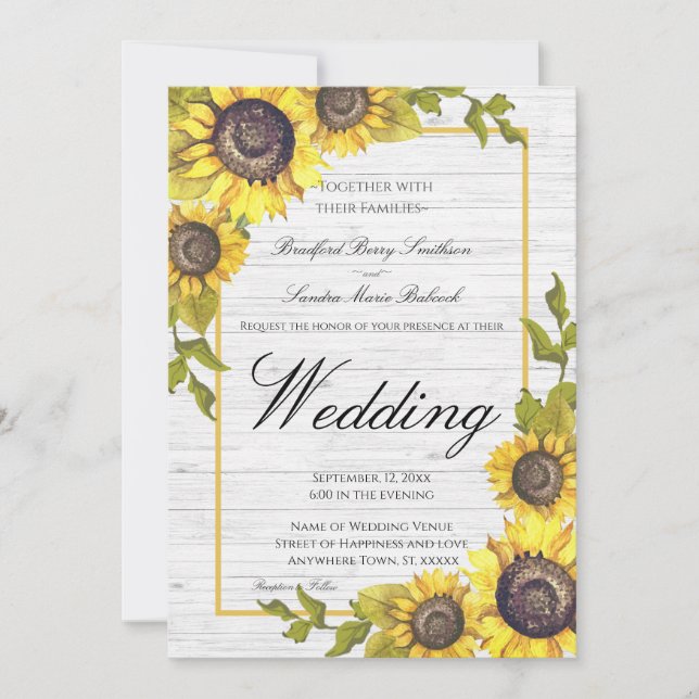 Faire-part Fleurs de soleil sur bois blanc : Mariage Mariage  (Devant)
