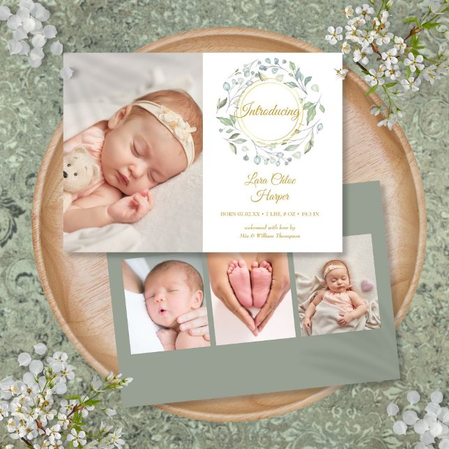 Faire-part Fleurs de verdure 4 Photo Naissance Bébé  (Greenery Floral 4 Photo Baby Birth Announcement)