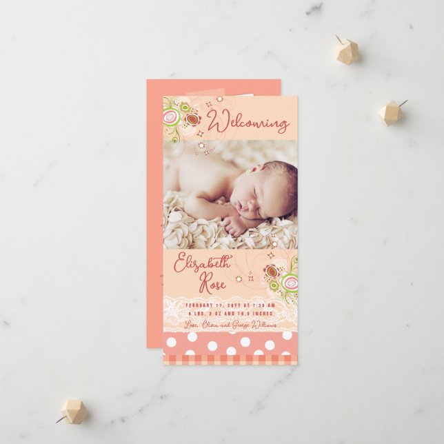 Faire-part Fleurs florales roses Whimsical Baby Girl Photo Na (Devant/Arrière en situation)