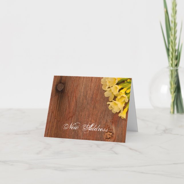 Faire-part Fleurs jaunes et bois de grange Nouvelle adresse (Devant)