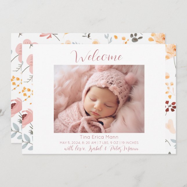 Faire-part Fleurs Pastel Accueil Bébé Fille Naissance (Devant / Derrière)