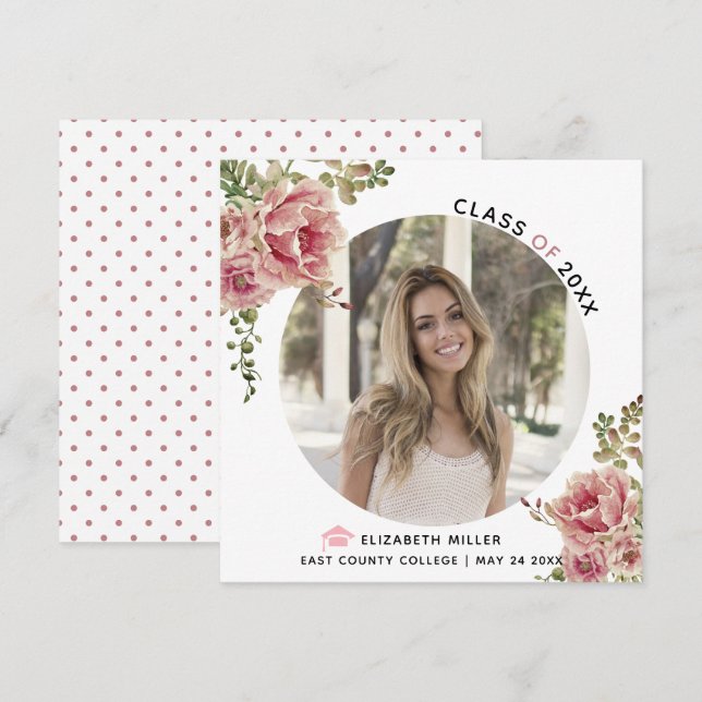 Faire-part Fleurs roses poussiéreuses Classe de 2023 graduati (Devant / Derrière)