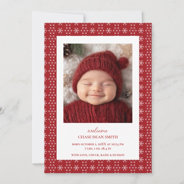 Faire-part Flocon de neige blanc rouge Noël bébé (Devant)