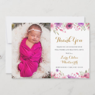Faire-part Floral Baby Girl Script photo Merci naissance