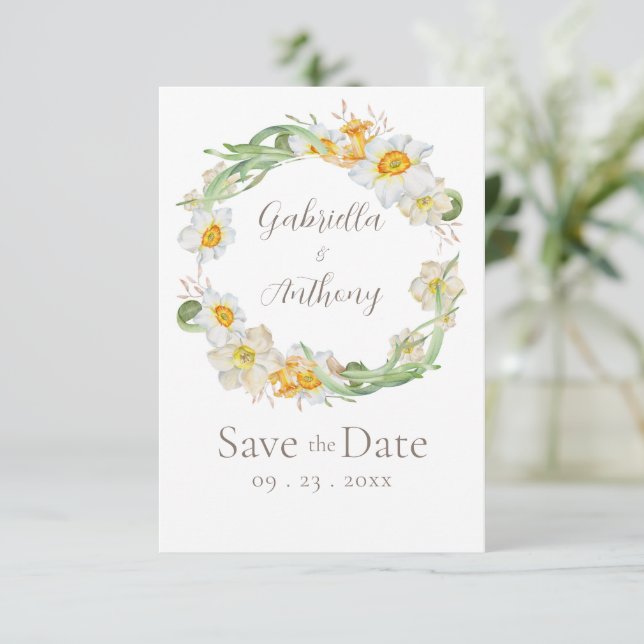 Faire-part floral Jonquille Blanc & Jaune pour mar (Debout devant)