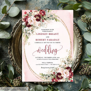 Faire-part floral romantique boho bordeaux rose go