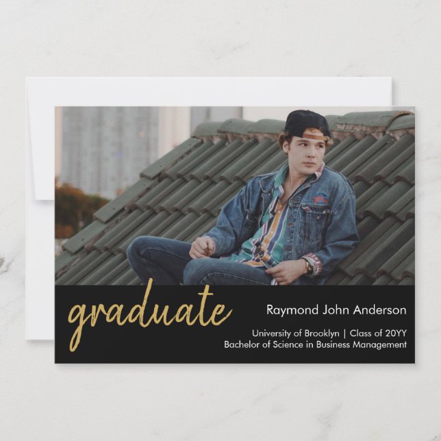 Faire-part Formal moderne Black Gold Script photo Graduation (Devant)