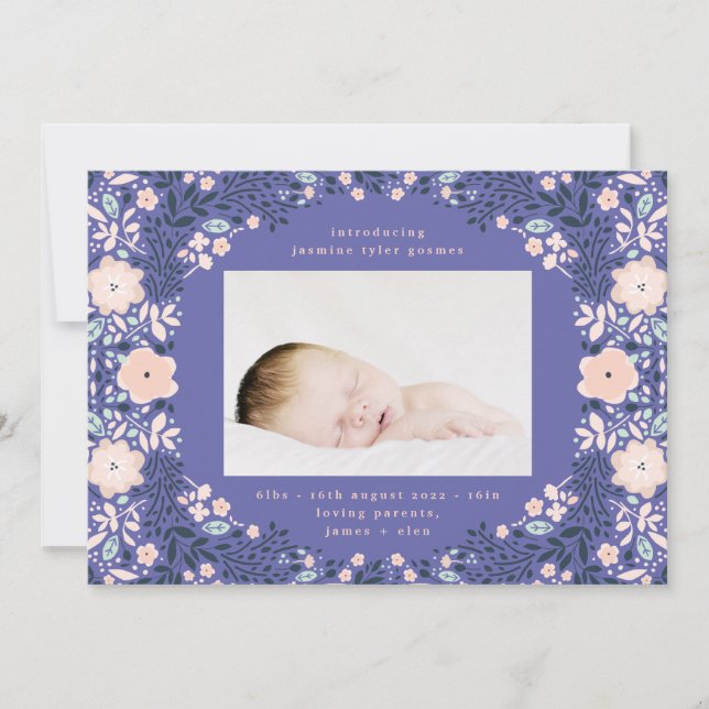 Faire-part Frame floral violet clair Photo naissance bébé (Devant)