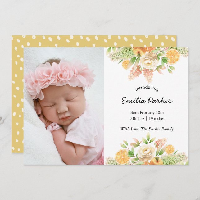 Faire-part Fruit d'agrumes jaunes | Naissance florale moderne (Devant / Derrière)