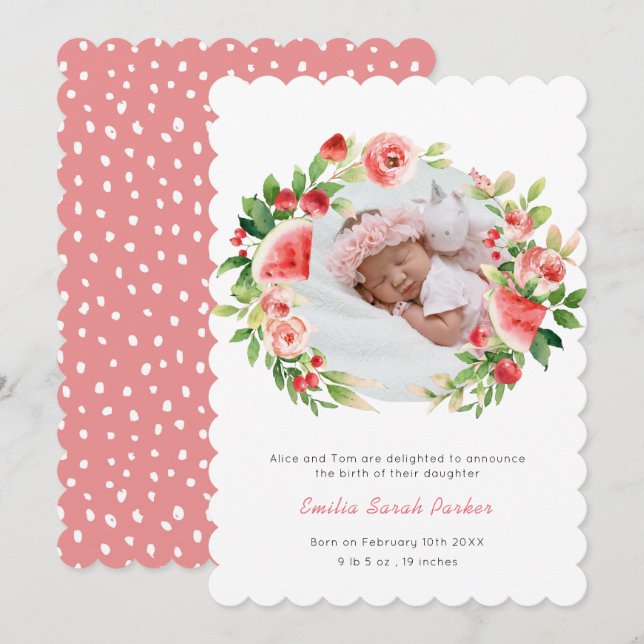 Faire-part Fruit Floral Rose d'été Wreath Photo Bébé Naissanc (Devant / Derrière)