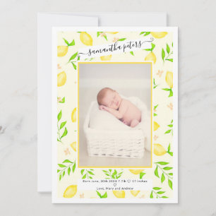 Faire-part Fruits de citron jaune aquarelle photo bébé naissa