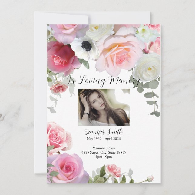 Faire-part funéraire rose Roses / Invitation (Devant)