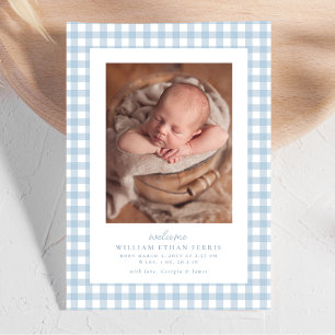 Faire-part Gingham bleu classique simple naissance deux photo