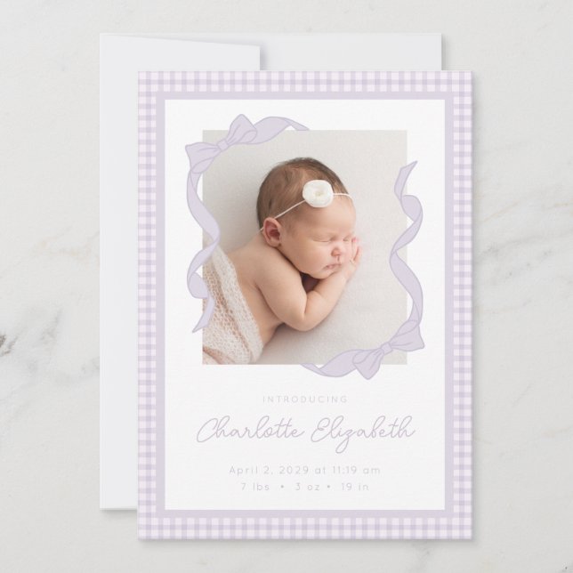 Faire-part Gingham Bow Photo Birth Announcement (Devant)