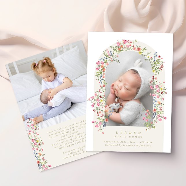 Faire-part girl floral arch photo custom text baby birth (Créateur téléchargé)