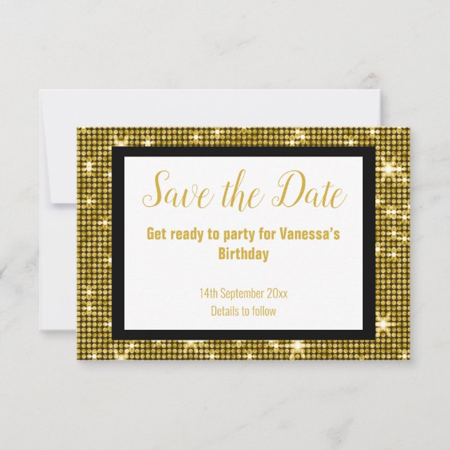 Faire-part GOLD BLACK DISCO PARTY ENREGISTRER LA DATE Blanc (Devant)