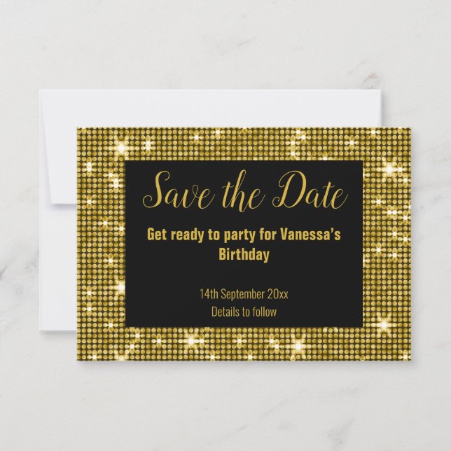 FAIRE-PART GOLD BLACK DISCO PARTY ENREGISTRER LA DATE NOIRE (Devant)