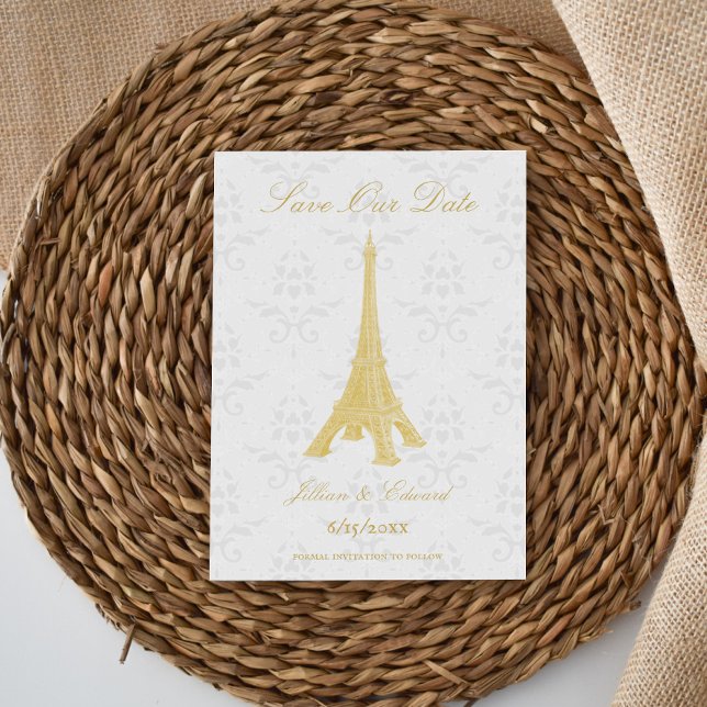 Faire-part Gold Eiffel Tower Damask Enregistrer La Date (Gold Eiffel Tower Damask Save the Date)
