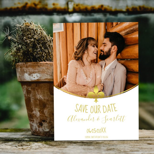 Faire-part Gold Fleur de Lis Photo Enregistrer La Date Annonc (Gold Fleur de Lis Photo Save the Date)