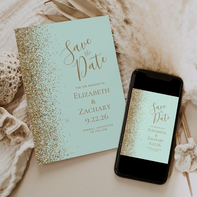 Faire-part Gold Glitter Edge Mint Green Save the Date (Créateur téléchargé)