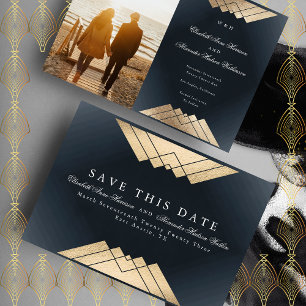 Faire-part Gold Navy Blue Gatsby Foil Enregistrer La Date