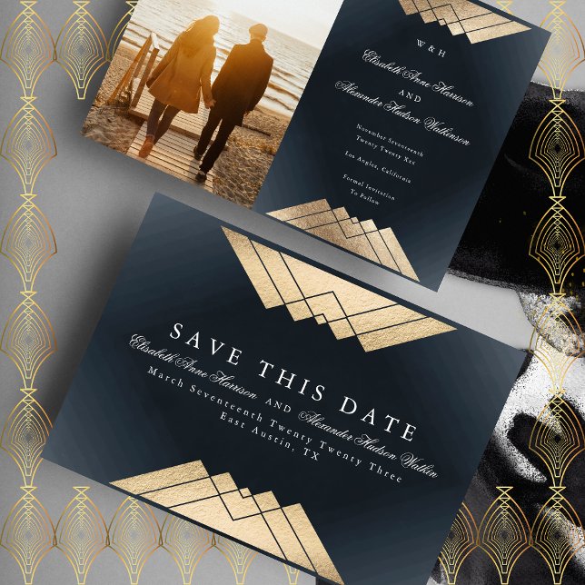 Faire-part Gold Navy Blue Gatsby Foil Enregistrer La Date (Créateur téléchargé)