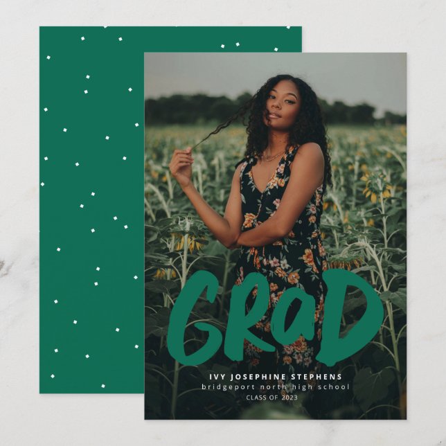 Faire-part Grad moderne vert moderne un diplôme de photo (Devant / Derrière)