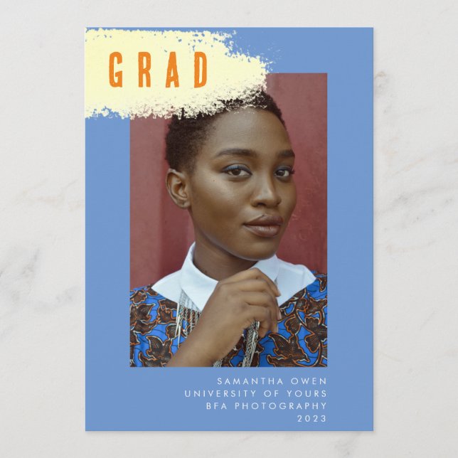 Faire-part GRAD photo moderne BLUE JAUNE SPLASH Graduation (Devant)