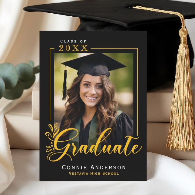 Faire-part Graduate Black Gold Script Photo Graduation  (Graduate Trendy Script Photo Graduation Announcement)
