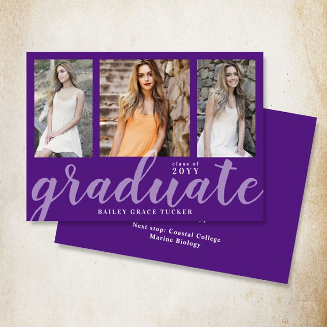 Faire-part Graduate moderne 3-Photo Collage Purple Graduation (Créateur téléchargé)
