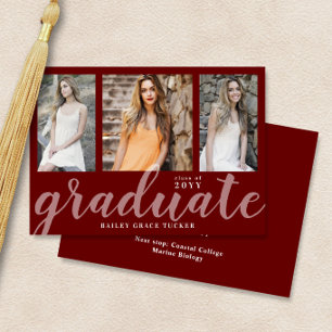 Faire-part Graduate moderne 3-Photo Collage Rouge Graduation