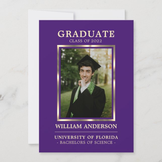 Faire-part Graduate Purple Gold Frame Classe de l'année | PHO (Devant)