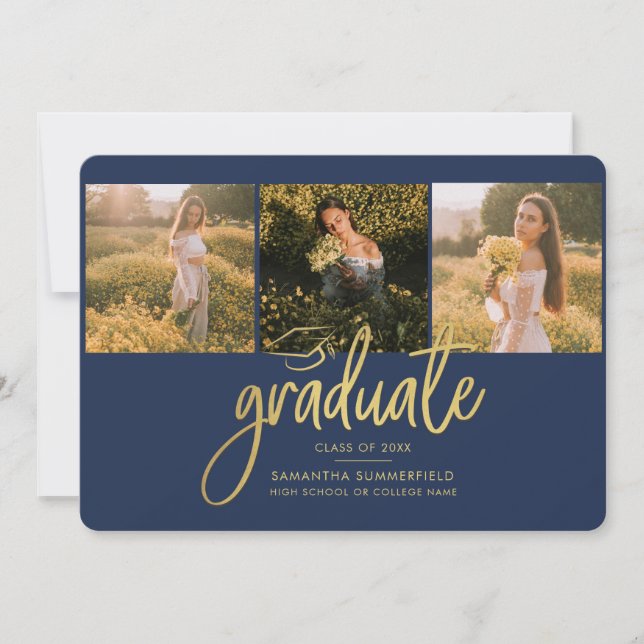 Faire-part Graduation 2025 Photo Collage Navy Blue Party (Devant)