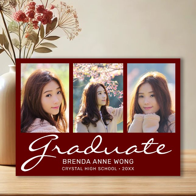 Faire-part Graduation 3 Photo Collage blanc Script rouge (Modern 3 Photo Maroon with White Script Graduation Announcement)