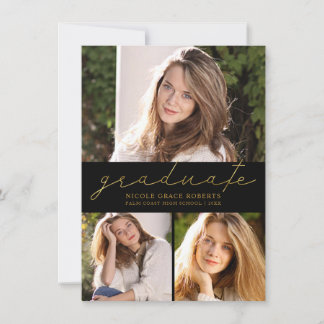 Faire-part Graduation 3-Photo Collage d'or moderne Script